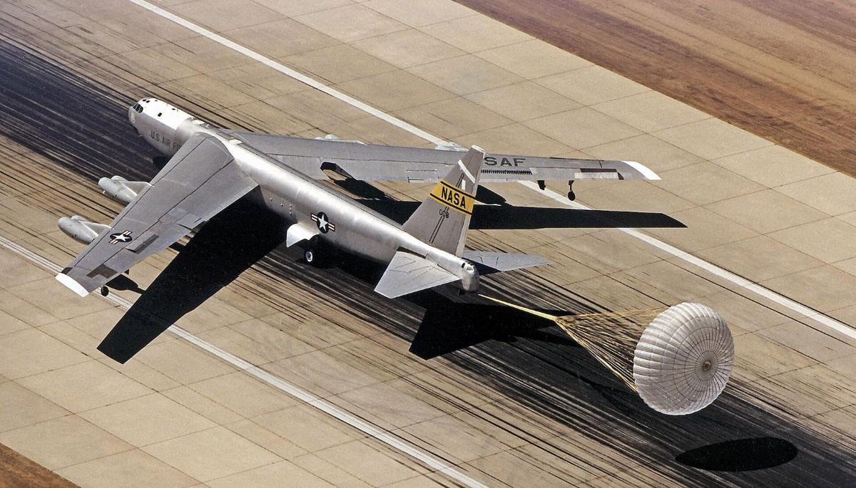B-52 landing with a deceleration parachute deployed